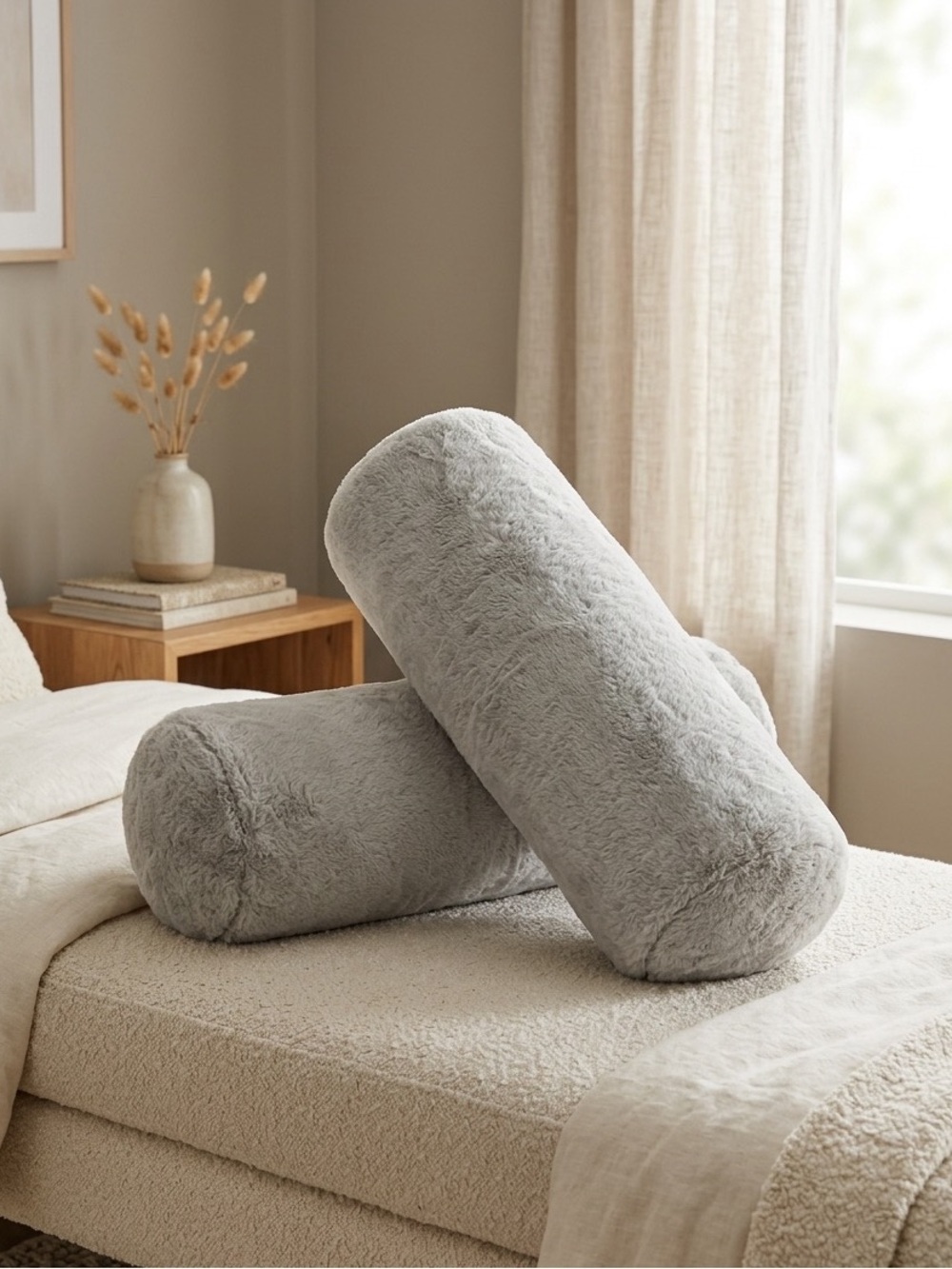 Target Plush Light Gray Faux Fur Bolster Pillow Pair